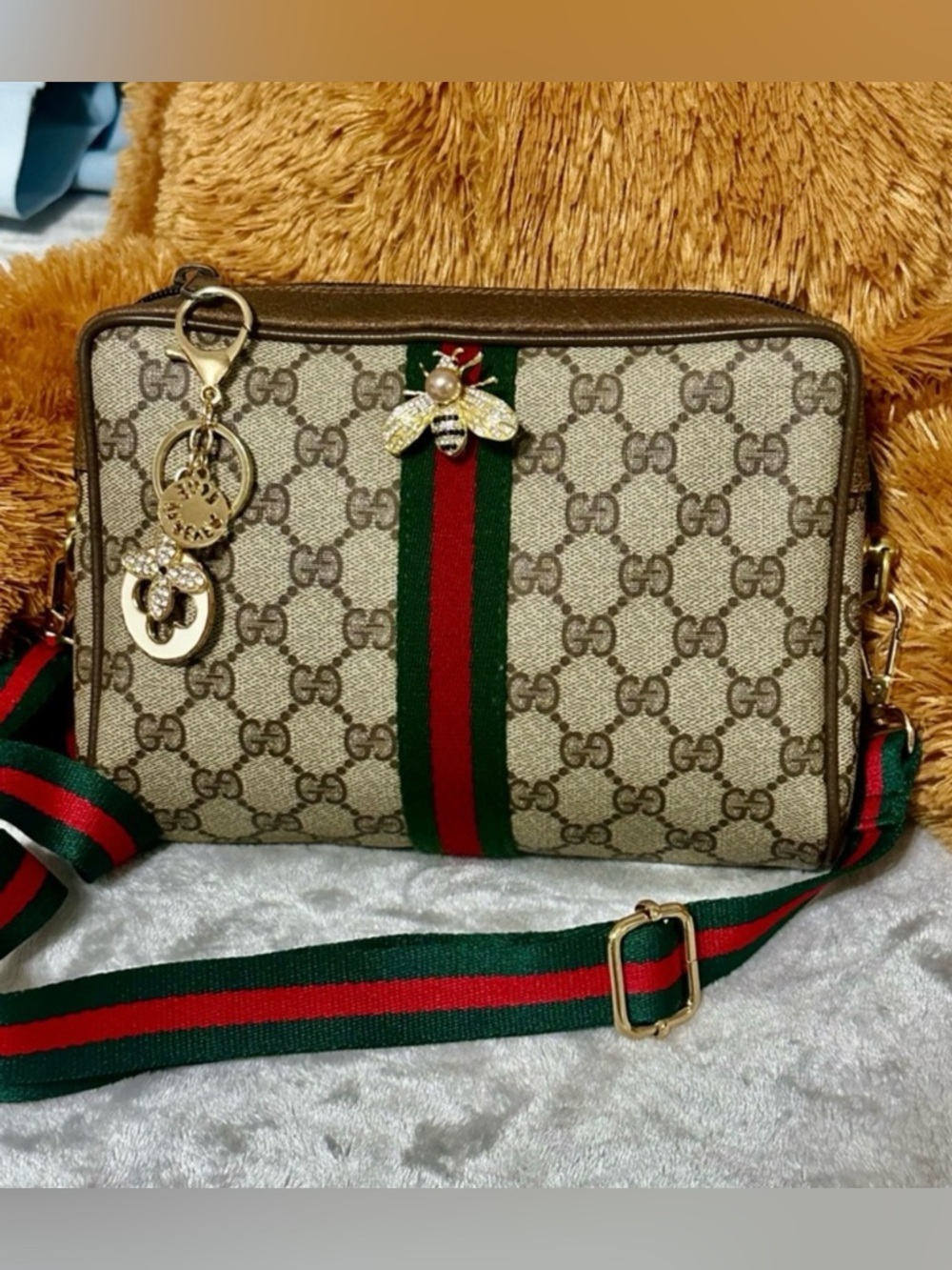 Gucci Beige GG Supreme Canvas Crossbody with Green and Red Web Stripe